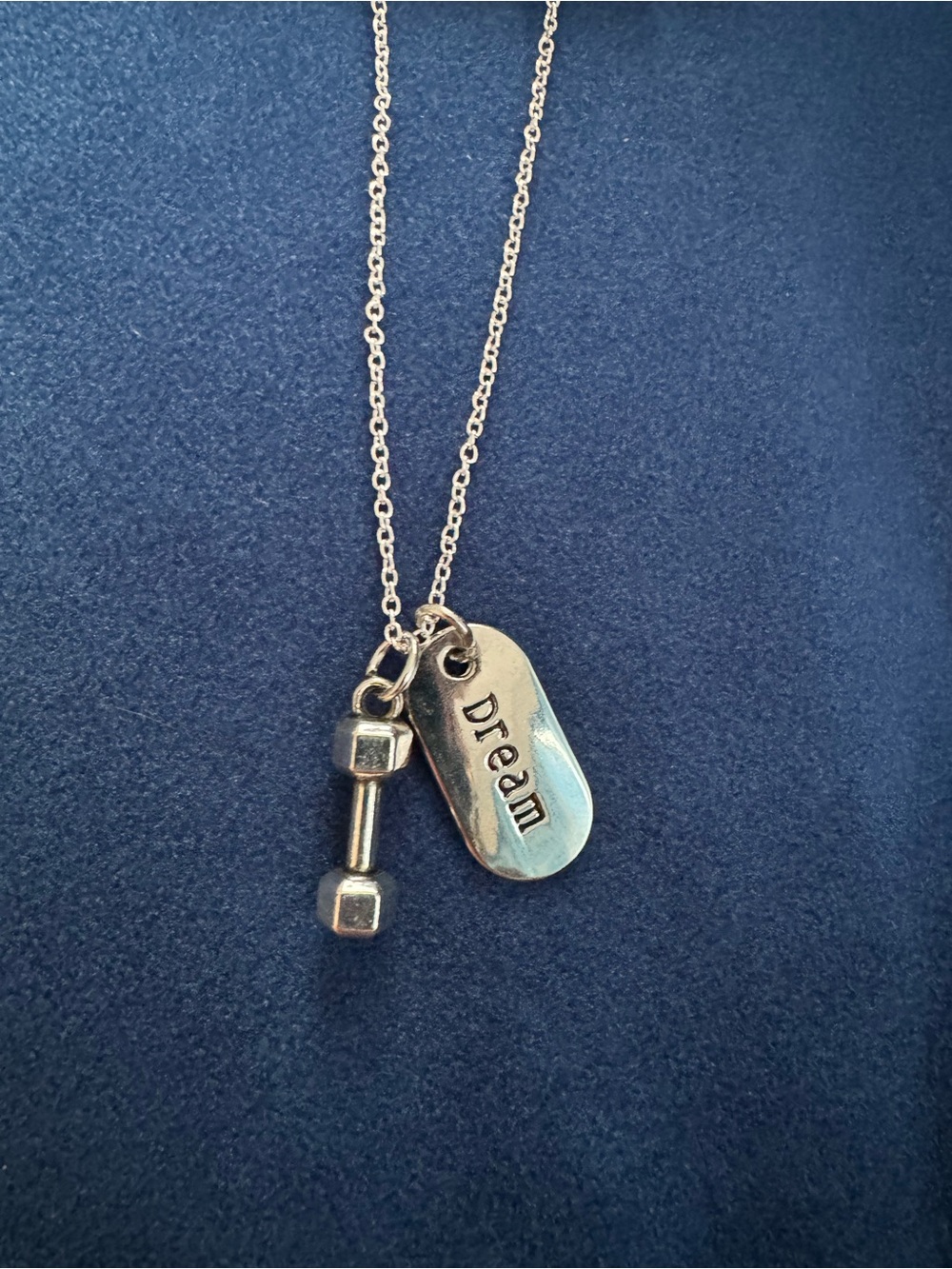 Silver 'Dream' Pendant Necklace with Dumbbell Charm. Gym & Fitness Jewelry